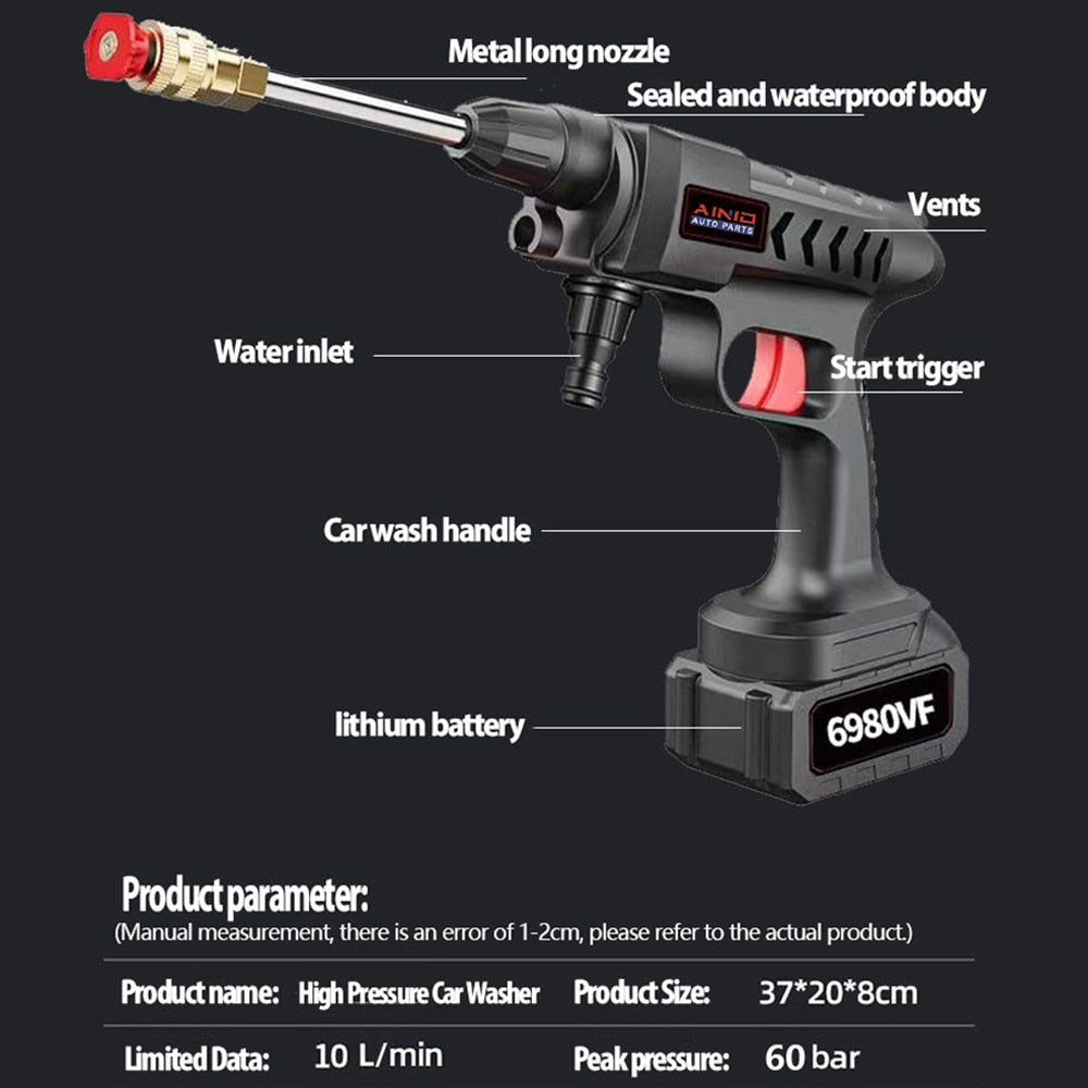 Pistolet de Lavage sans fil haute pression avec buse réglable.
